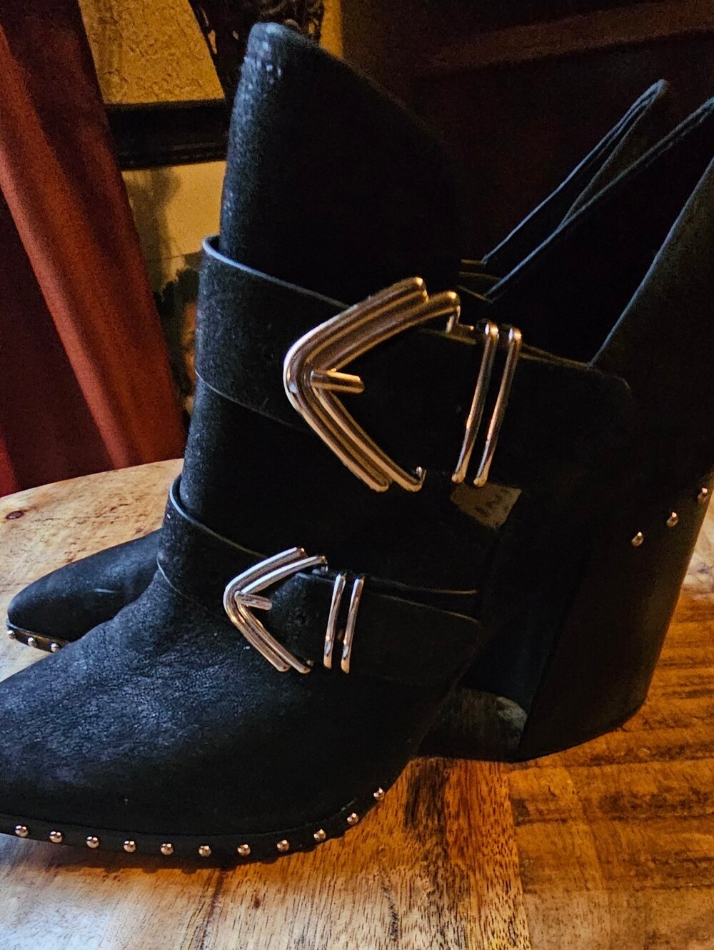 Gianni Bini Black Pointed Suede Ankle Booties with Silver Buckles - Picture 3 of 5